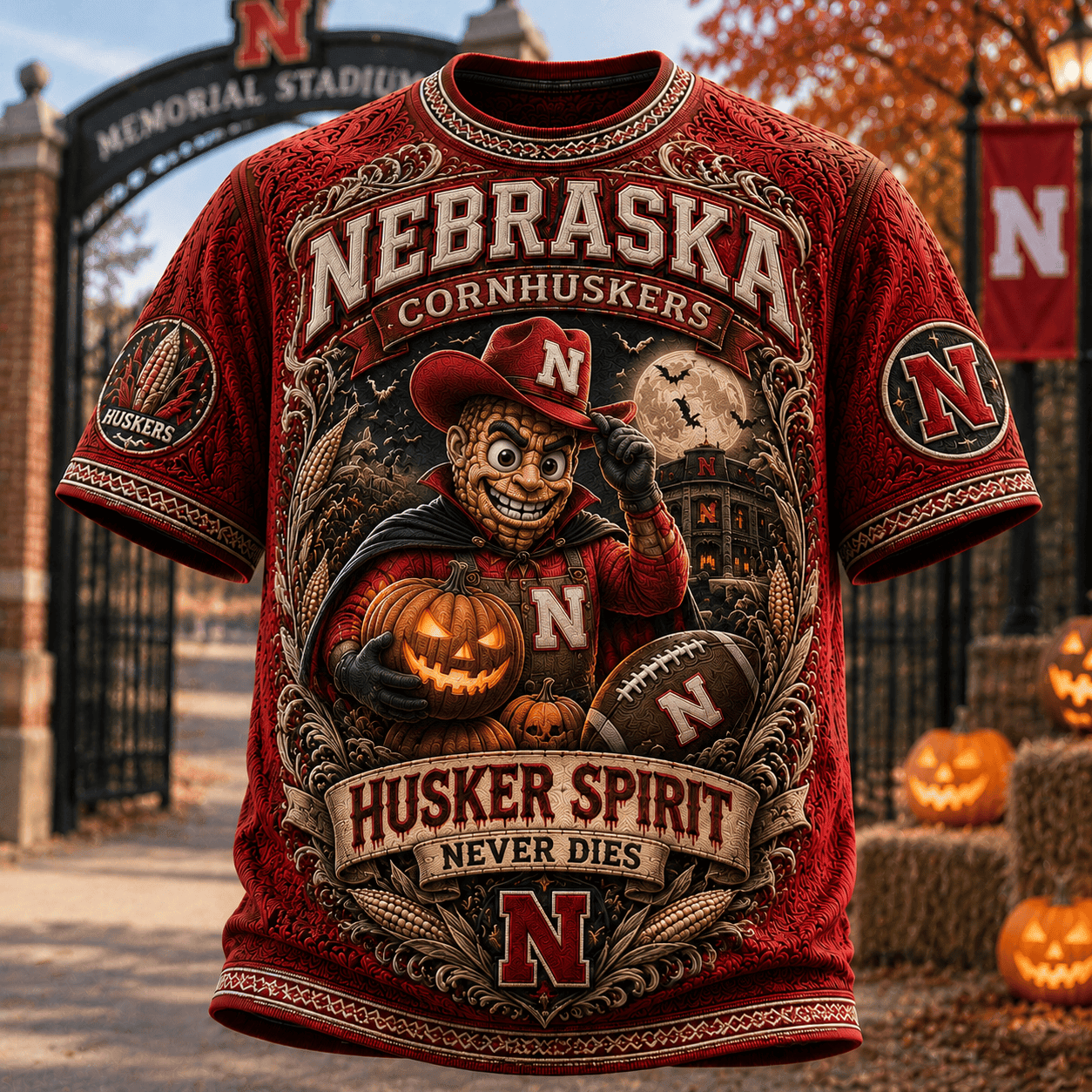 Nebraska Cornhuskers Halloween Merch Husker Spirit Never Die T-Shirt Football Fan Shirt Gifts - Merchluma