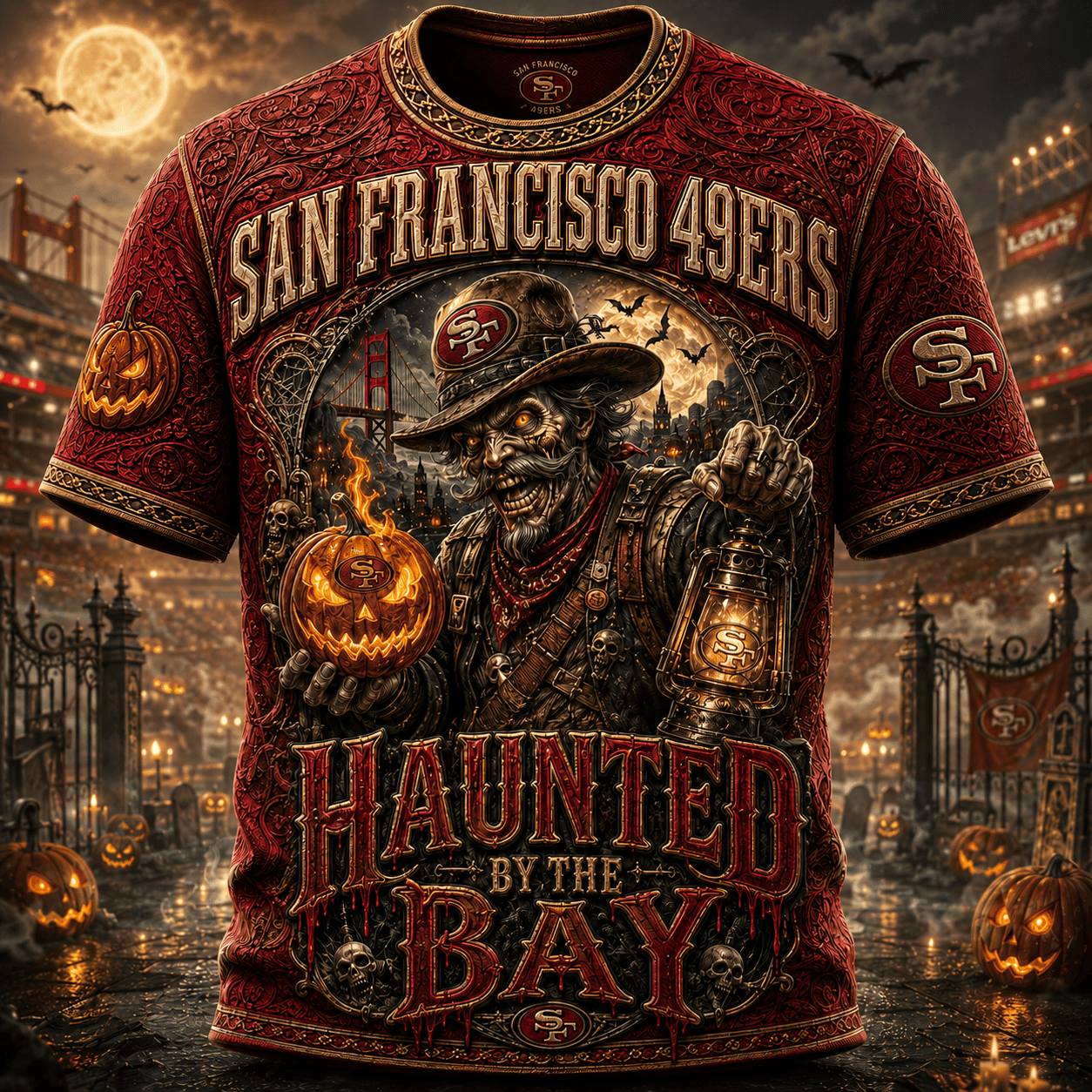 San Francisco 49ers Halloween Merch Haunted By The Bay T-Shirt 49ers Merch Spooky Gifts - Merchluma