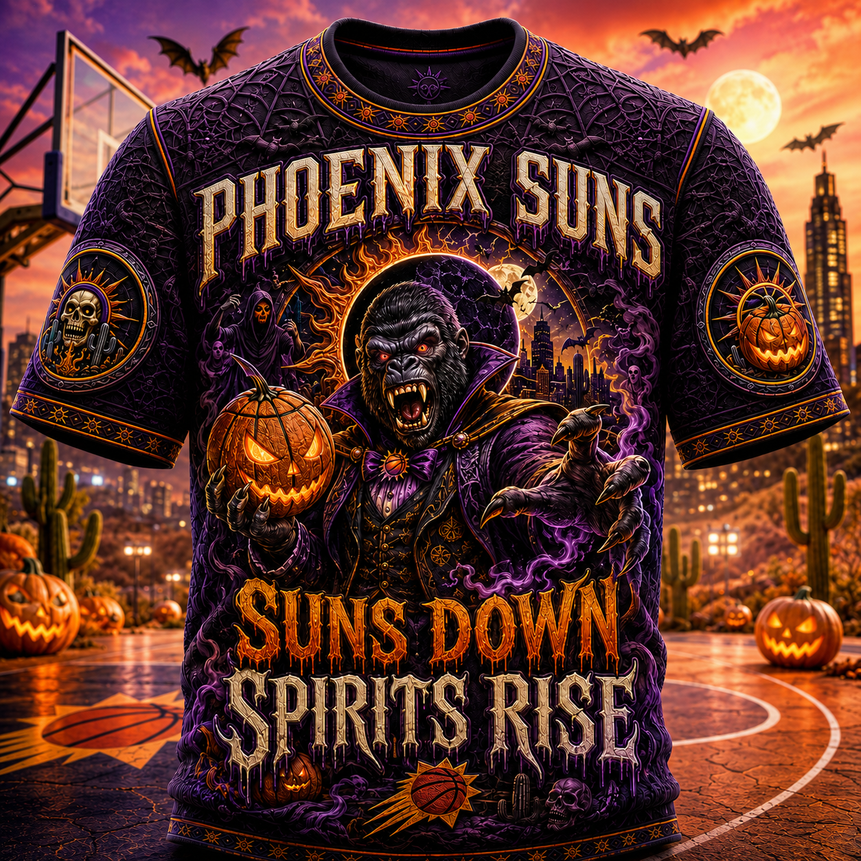 Phoenix Suns Halloween Merch Suns Down Spirits Rise T-Shirt Cool Gifts For Basketball Fans - Merchluma