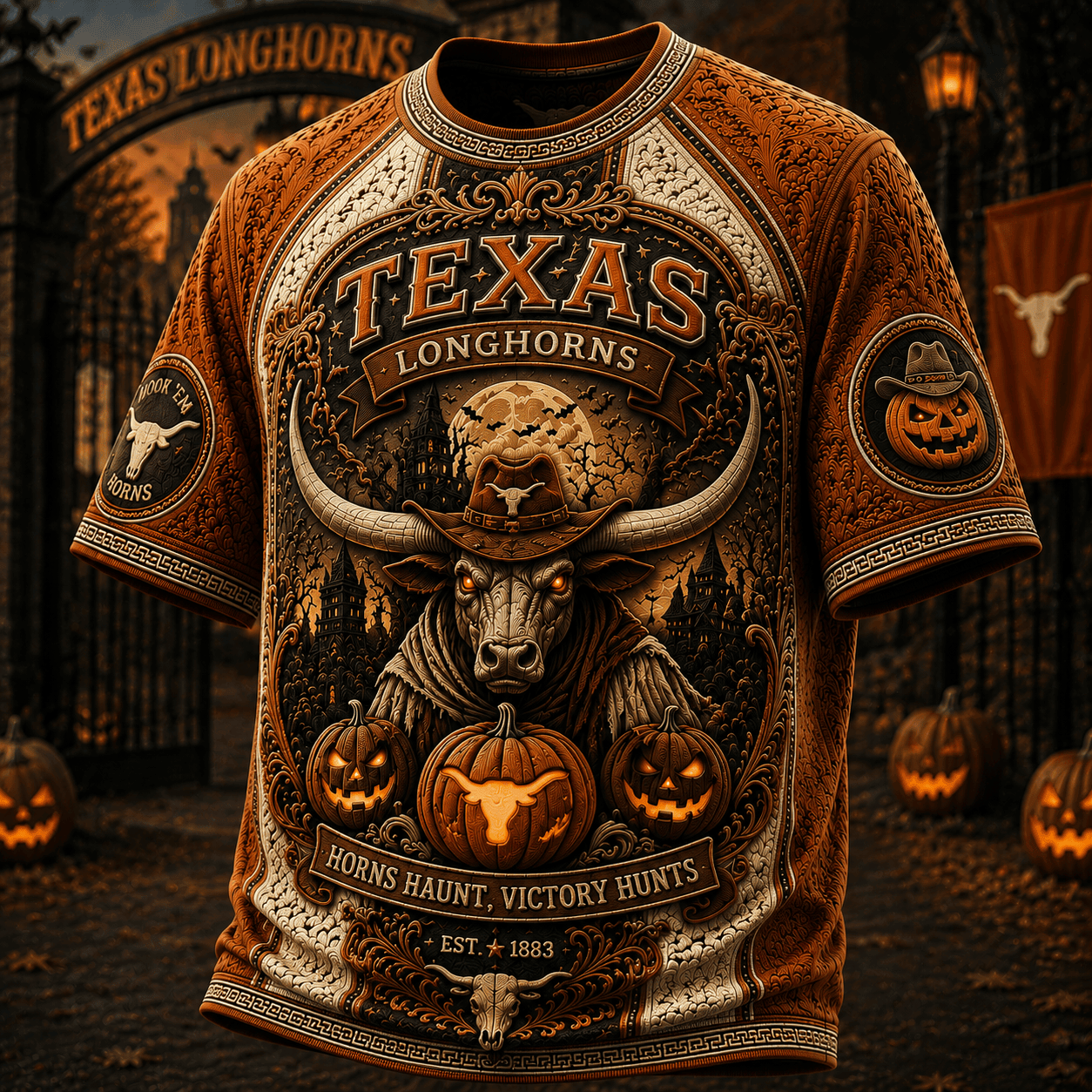 Texas Longhorns Merch Halloween Themed T-Shirt Horns Haunt Victory Hunts Shirt Fan Gifts - Merchluma