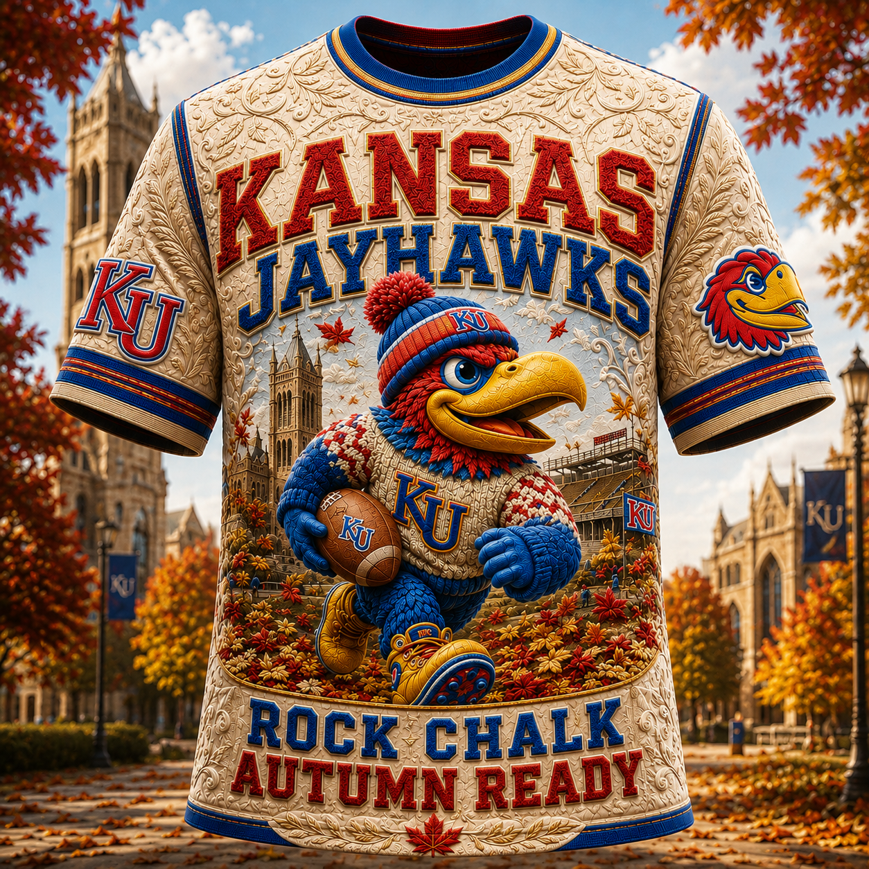 Kansas Jayhawks Merch Rock Chalk Autumn Ready T-Shirt Fall Outfits Gifts For Football Fans - Merchluma