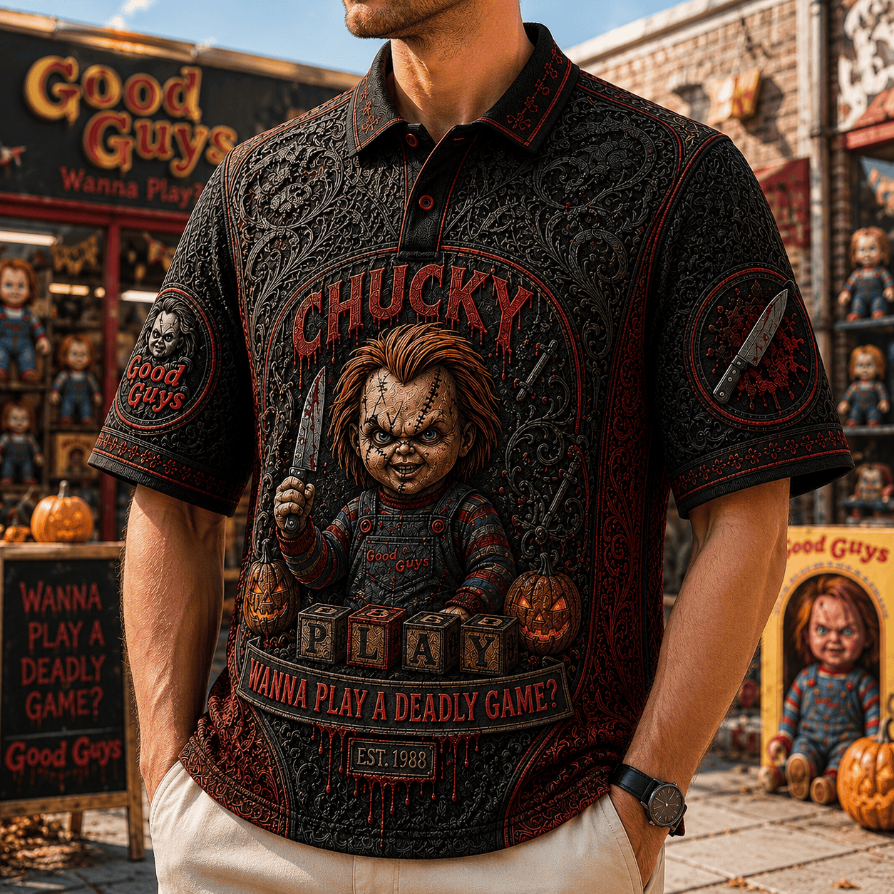 Chucky Wanna Play A Deadly Game Polo Shirt Chucky Merch Best Gift For Horror Movie Fan - Merchluma