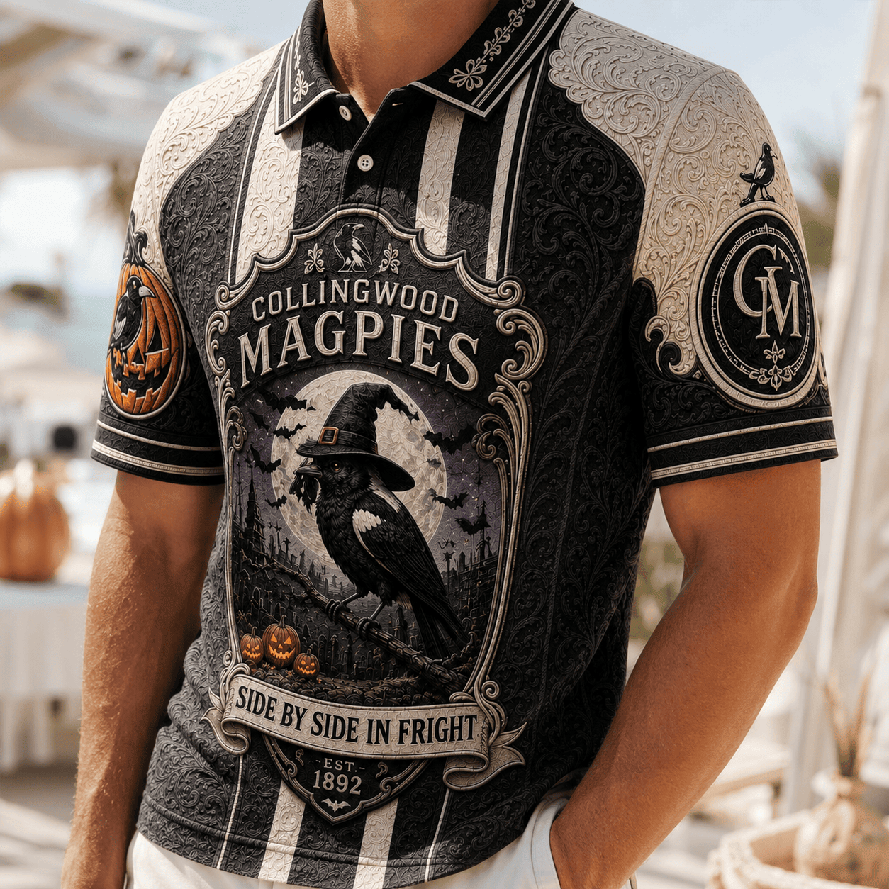 Collingwood Magpies Halloween Merch 2026 Side By Side In Fright Polo Shirt Gift For Him - Merchluma