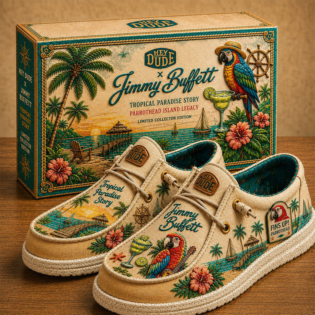Jimmy Buffett Tropical Paradise Story Hey Dude Shoes 2026 Jimmy Buffett Merch Present For Fans - Merchluma