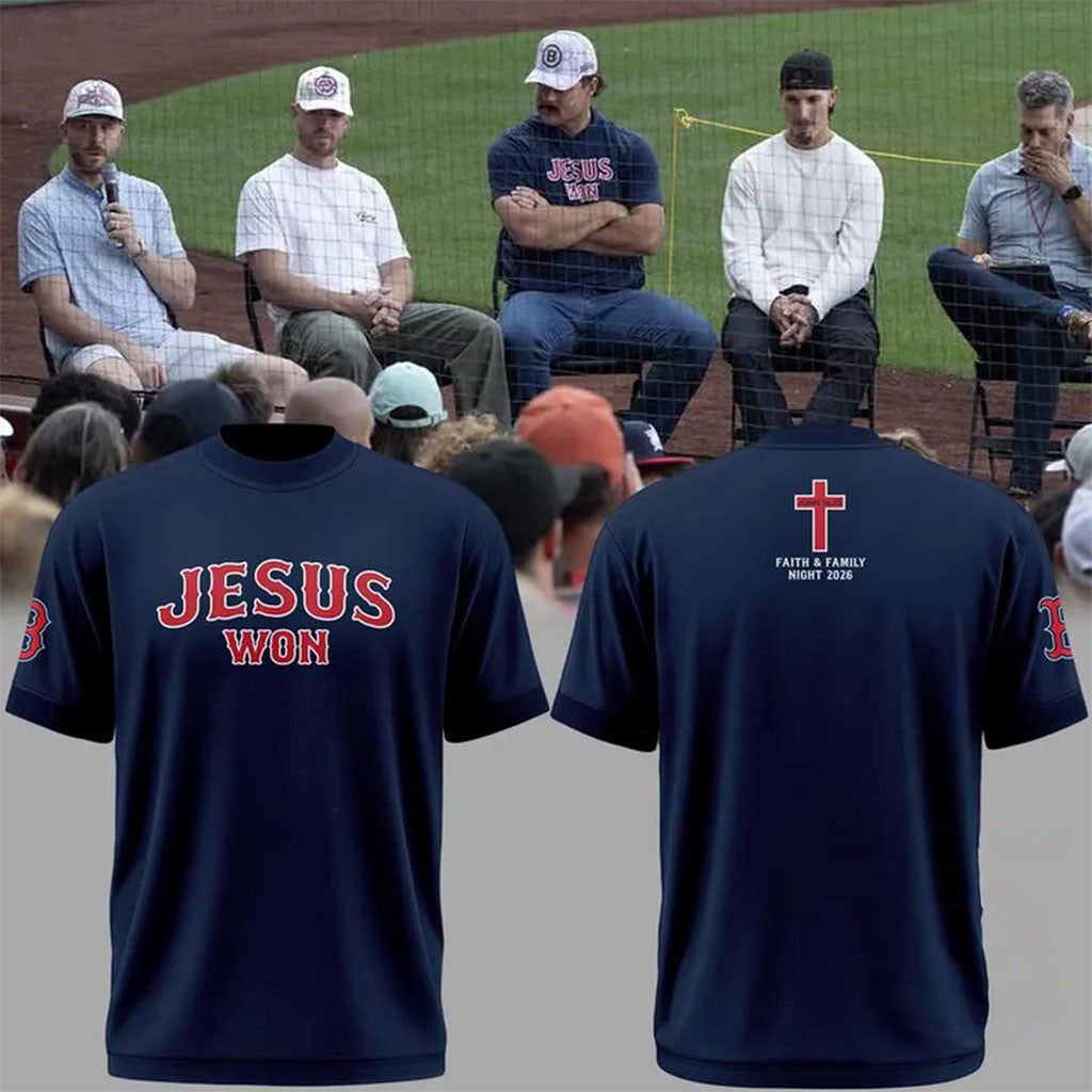 Boston Red Sox Jesus Won Faith And Family Night 2026 T-Shirt Red Sox Merch Christian Gifts - Merchluma