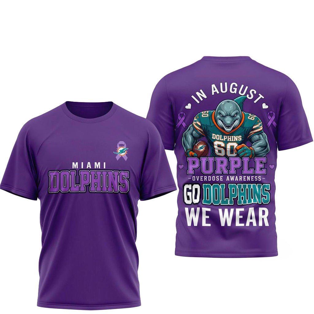 Miami Dolphins Merch 2026 In August We Wear Purple Overdose Awareness Shirt Football Fan Gifts - Merchluma