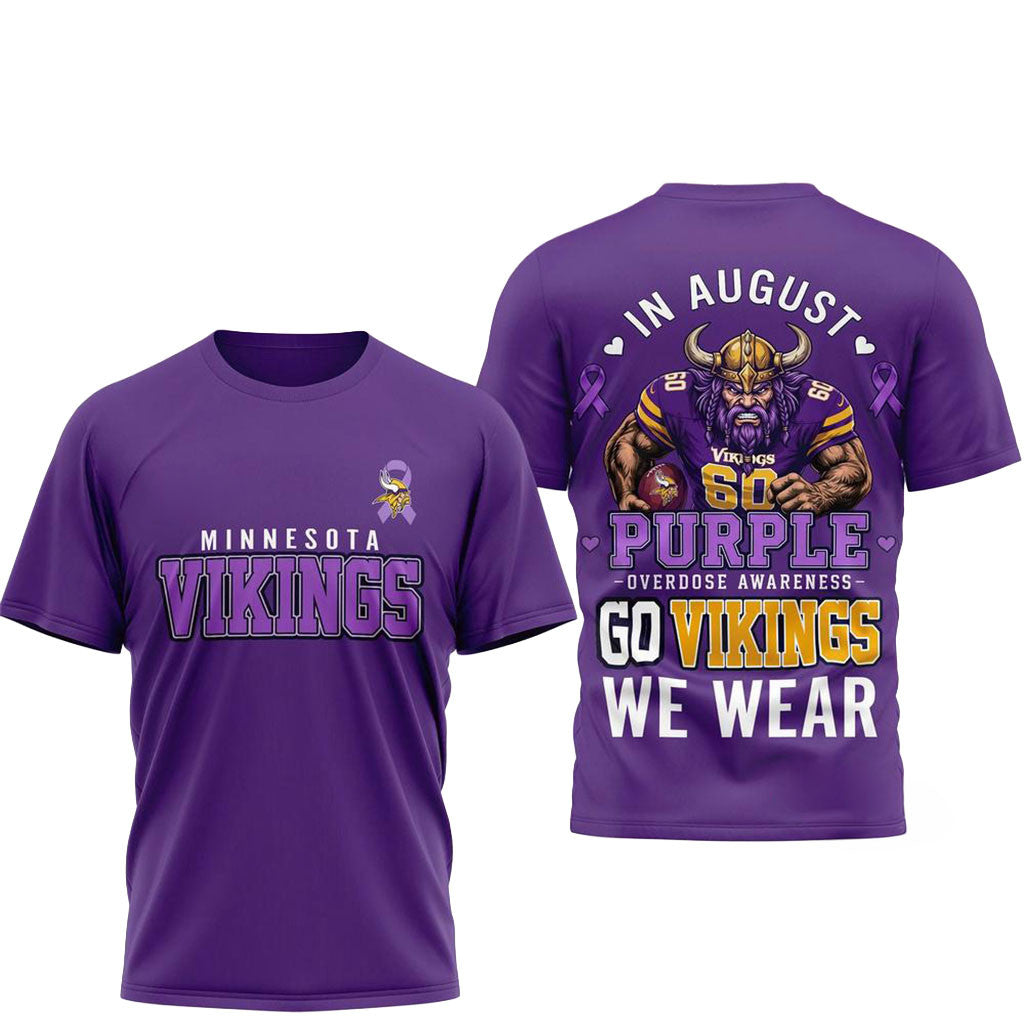 Minnesota Vikings Merch 2026 In August We Wear Purple Overdose Awareness Shirt Gift For Fans - Merchluma