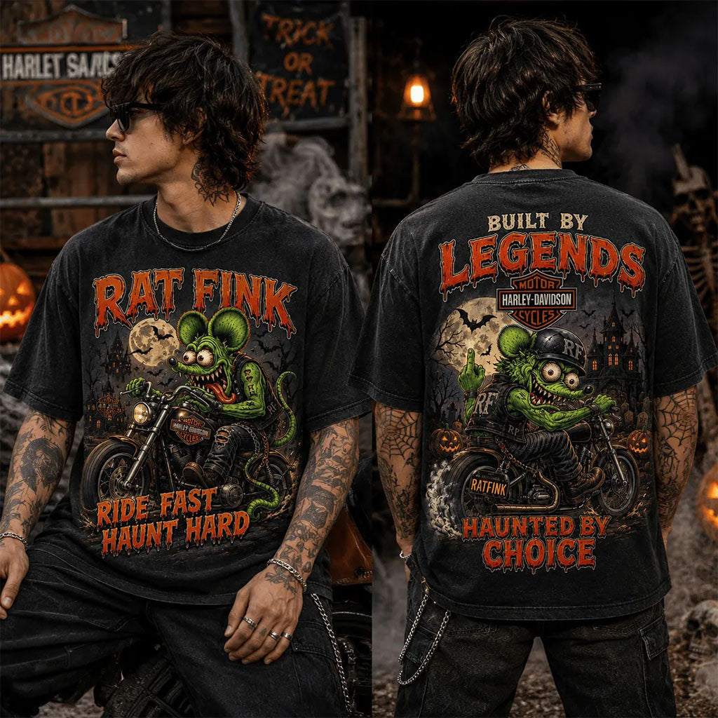 Rat Fink Biker Halloween Harley-Davidson T-Shirt Built By Legends Shirt Spooky Gifts - Merchluma