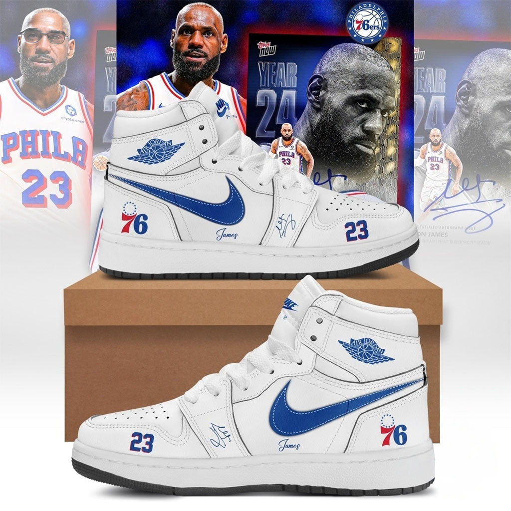 LeBron James Philadelphia 76ers Signature White Sneakers #23 LeBron James Merch Fan Gift Ideas - Merchluma