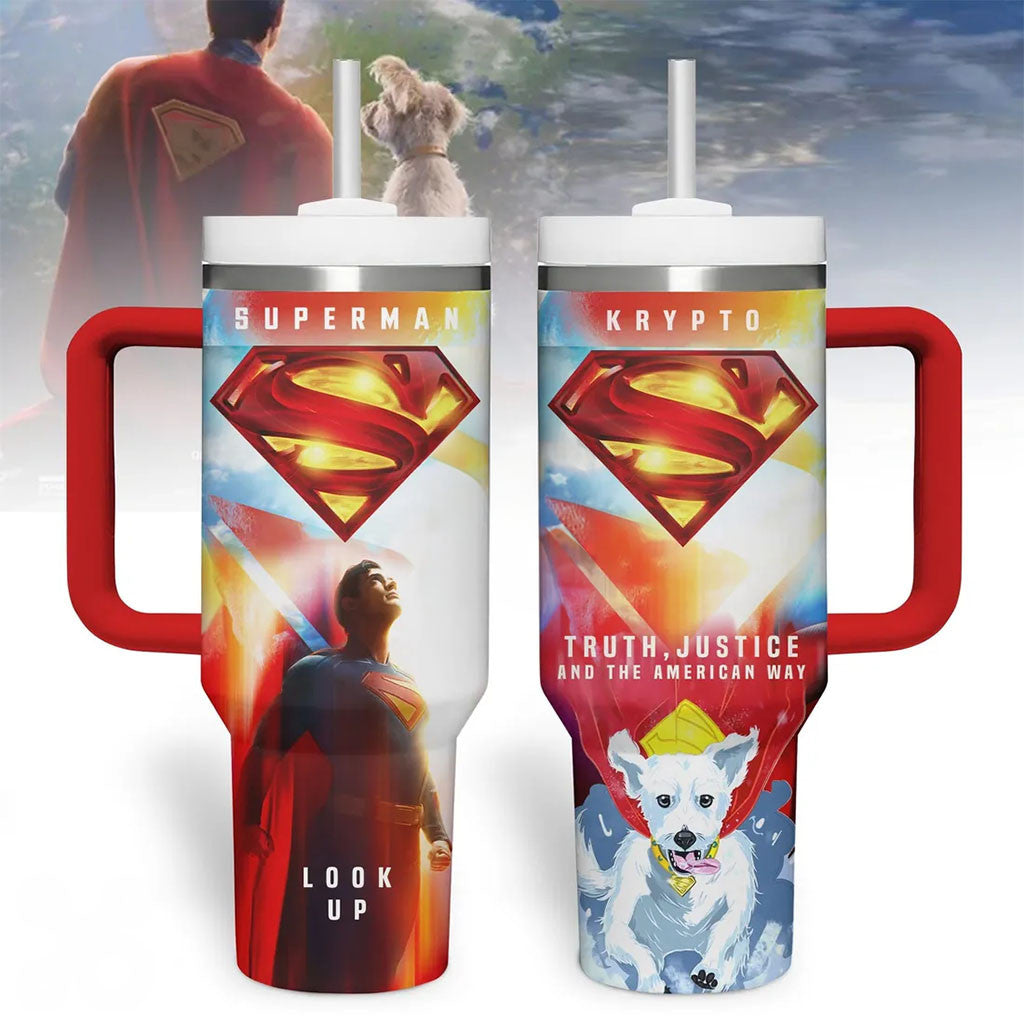 Superman And Krypto Truth Justice And The American Way Tumbler Superman Merch Gift For Son - Merchluma