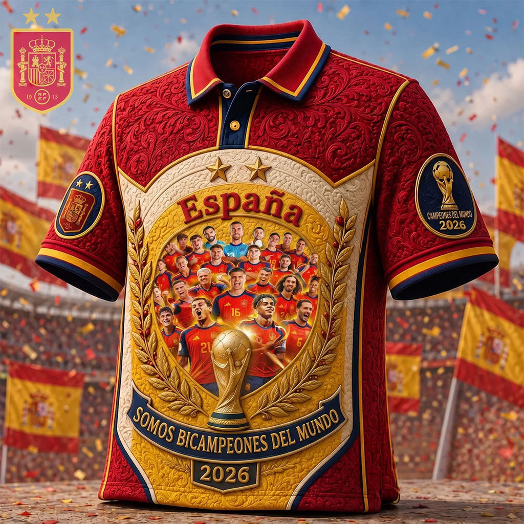 Spain National Football Team 2026 World Champions Bicampeones Celebration Polo Shirt Fan Merch - Merchluma