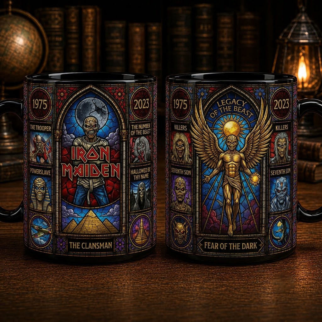 Iron Maiden Stained Glass Accent Mug Legacy Of The Beast Coffee Cup Iron Maiden Merch - Merchluma