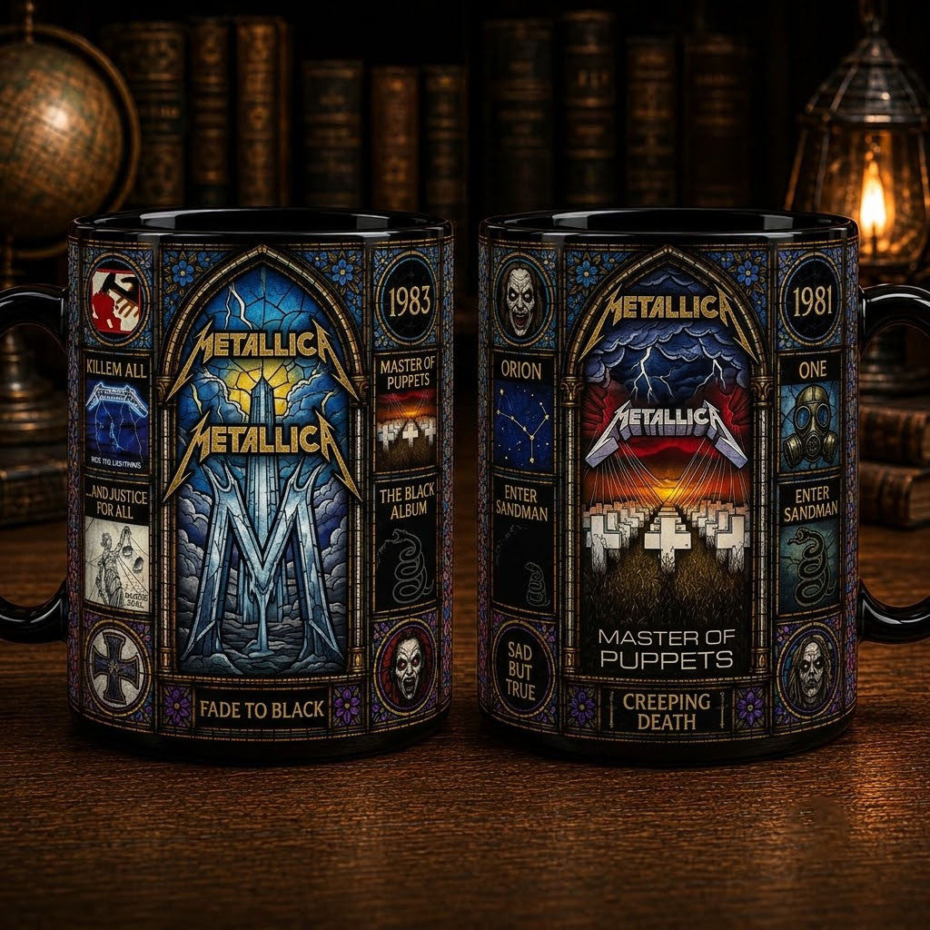 Metallica Band Stained Glass Accent Mug Fade To Black Coffee Cup Metallica Merch Fan Gifts - Merchluma