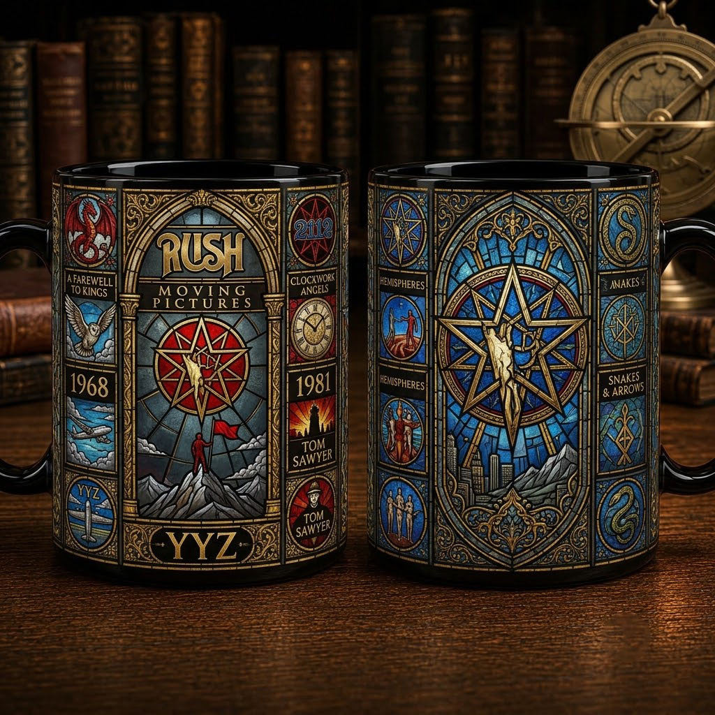 RUSH Rock Band Stained Glass Accent Mug Moving Pictures Coffee Cup RUSH Merch Gift For Fans - Merchluma