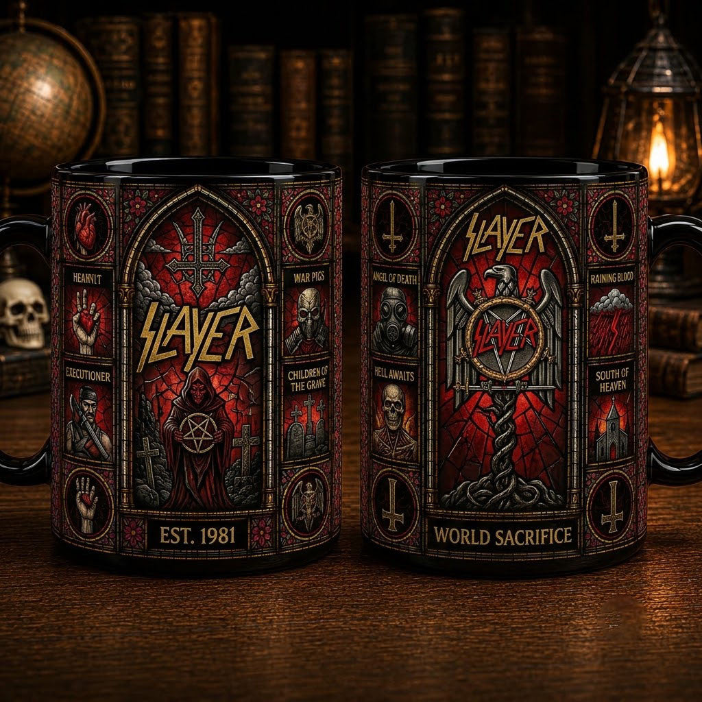 Slayer Thrash Metal Stained Glass Accent Mug World Sacrifice Coffee Cup Slayer Band Merch - Merchluma