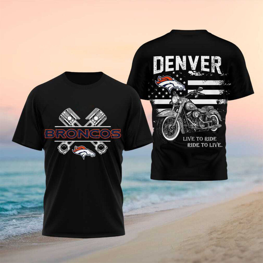 Denver Broncos Motorcycle American Flag Pistons Shirt Denver Broncos Merch Football Fan Gifts - Merchluma