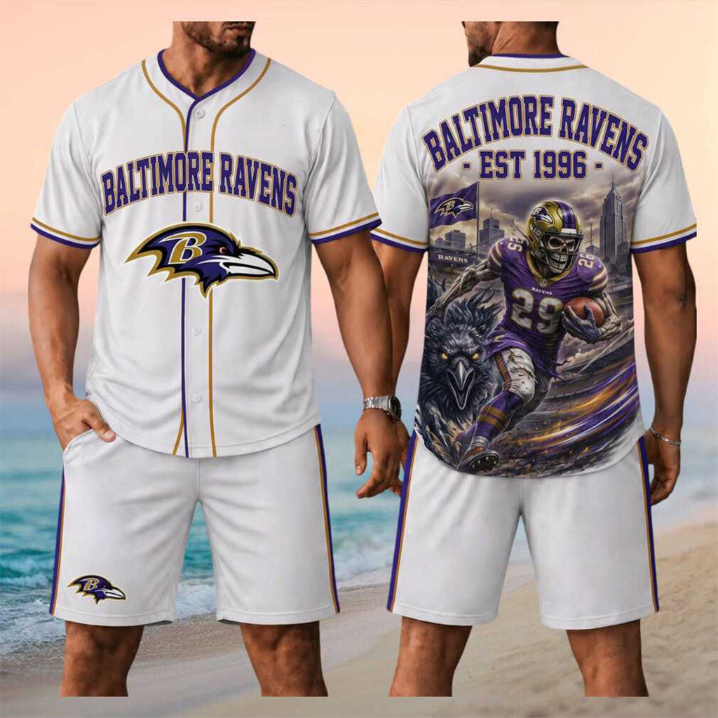 Baltimore Ravens Skull Football Mascot Stadium Jersey And Shorts Set Baltimore Ravens Merch - Merchluma