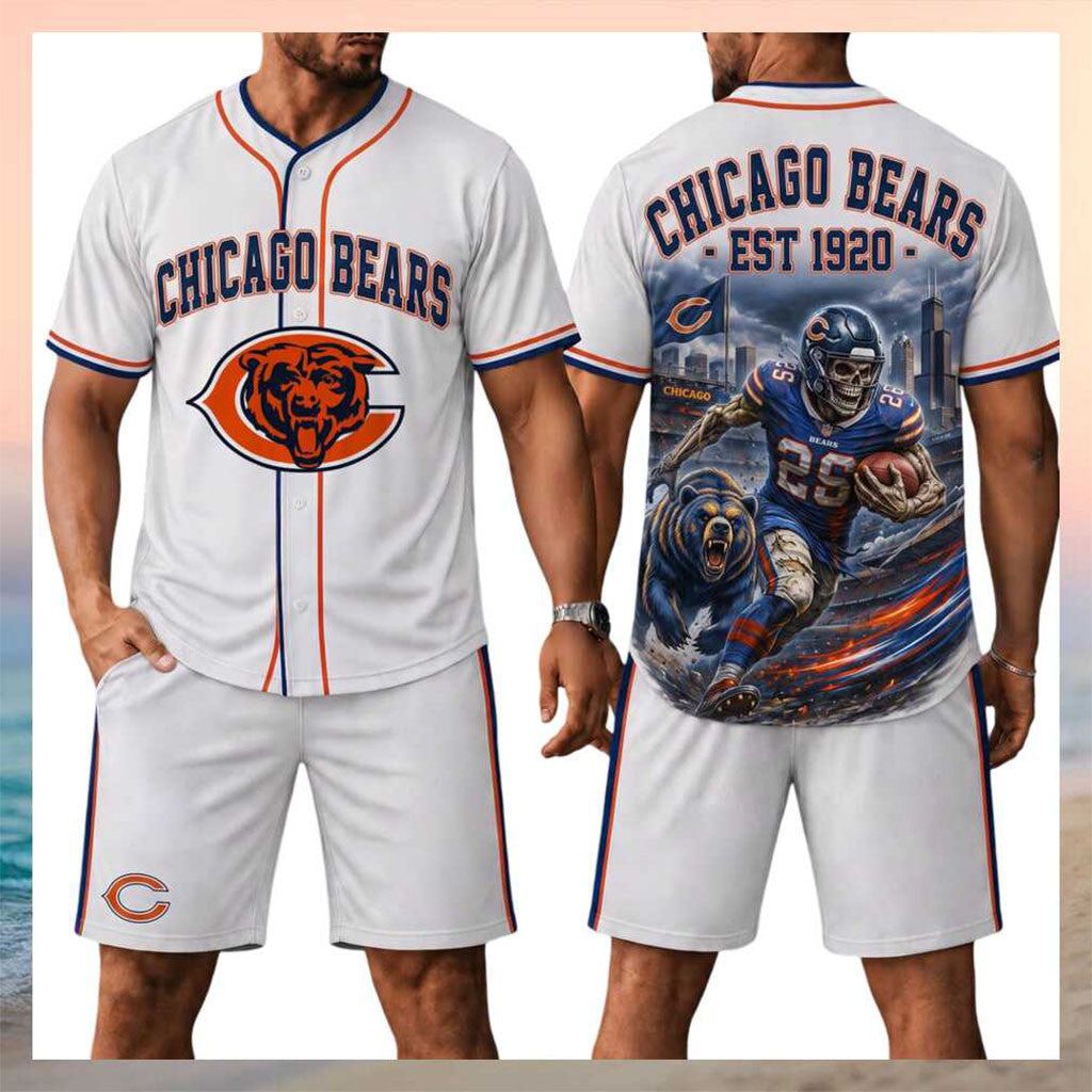 Chicago Bears Skull Football Bear Mascot Stadium Jersey And Shorts Set Chicago Bears Merch - Merchluma