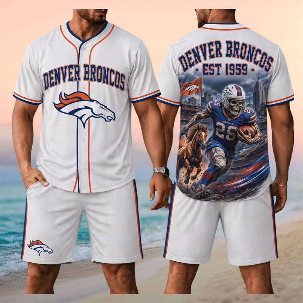 Denver Broncos Skull Football Horse Mascot Stadium Jersey And Shorts Set Denver Broncos Merch - Merchluma