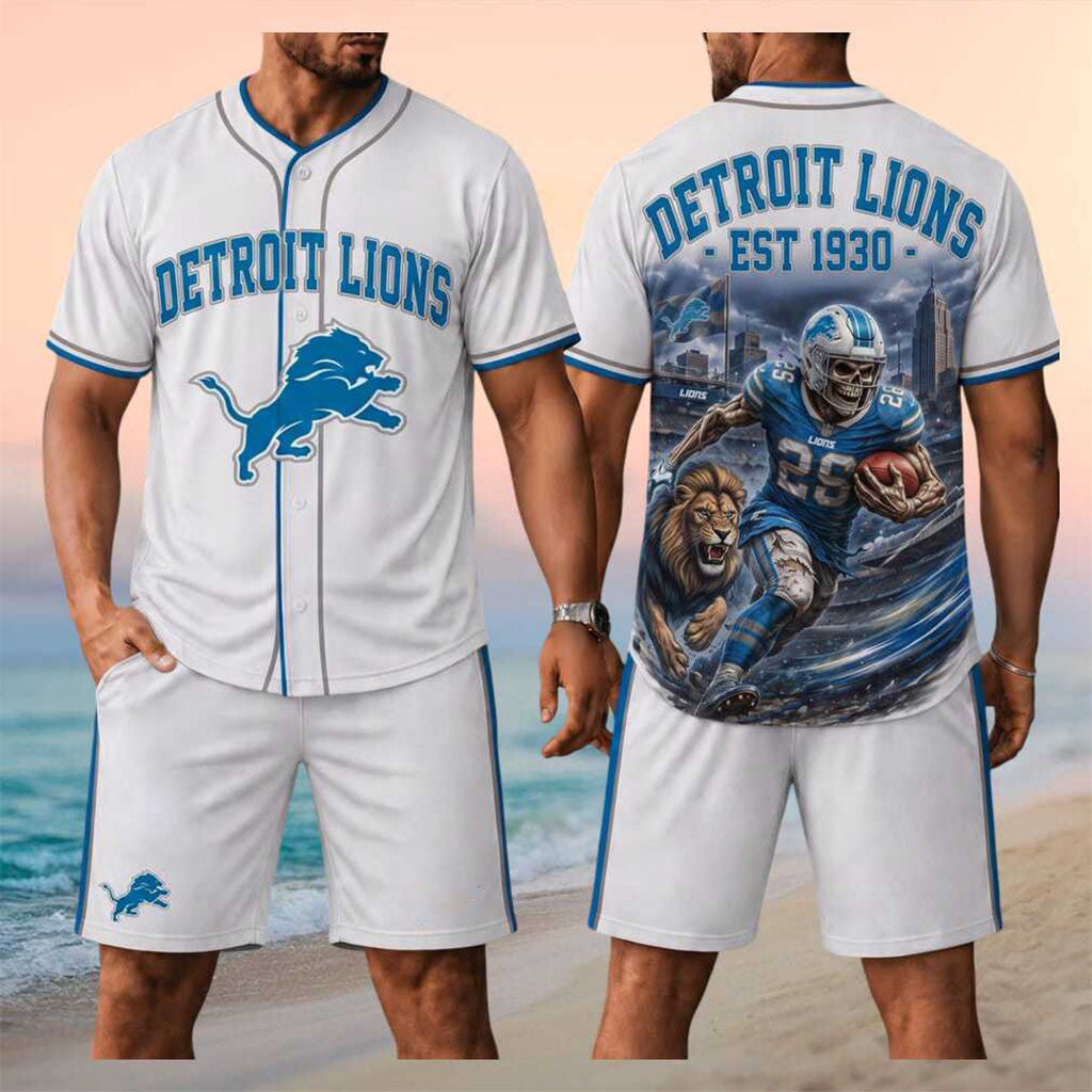 Detroit Lions Skull Football Lion Mascot Stadium Jersey And Shorts Set Detroit Lions Merch - Merchluma
