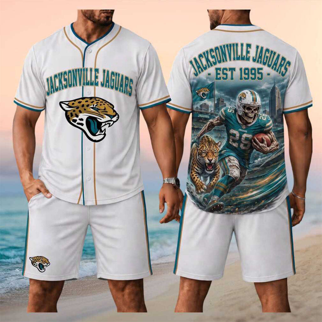 Jacksonville Jaguars Merch 2026 Skull Football Jaguar Mascot Stadium Jersey And Shorts Set - Merchluma