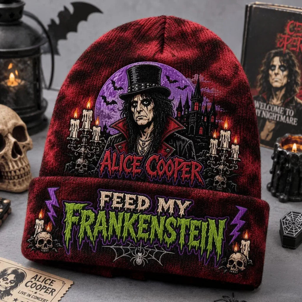 Alice Cooper Halloween Beanie 2026 Feed My Frankenstein Beanie Alice Cooper Merch Spooky Gifts - Merchluma