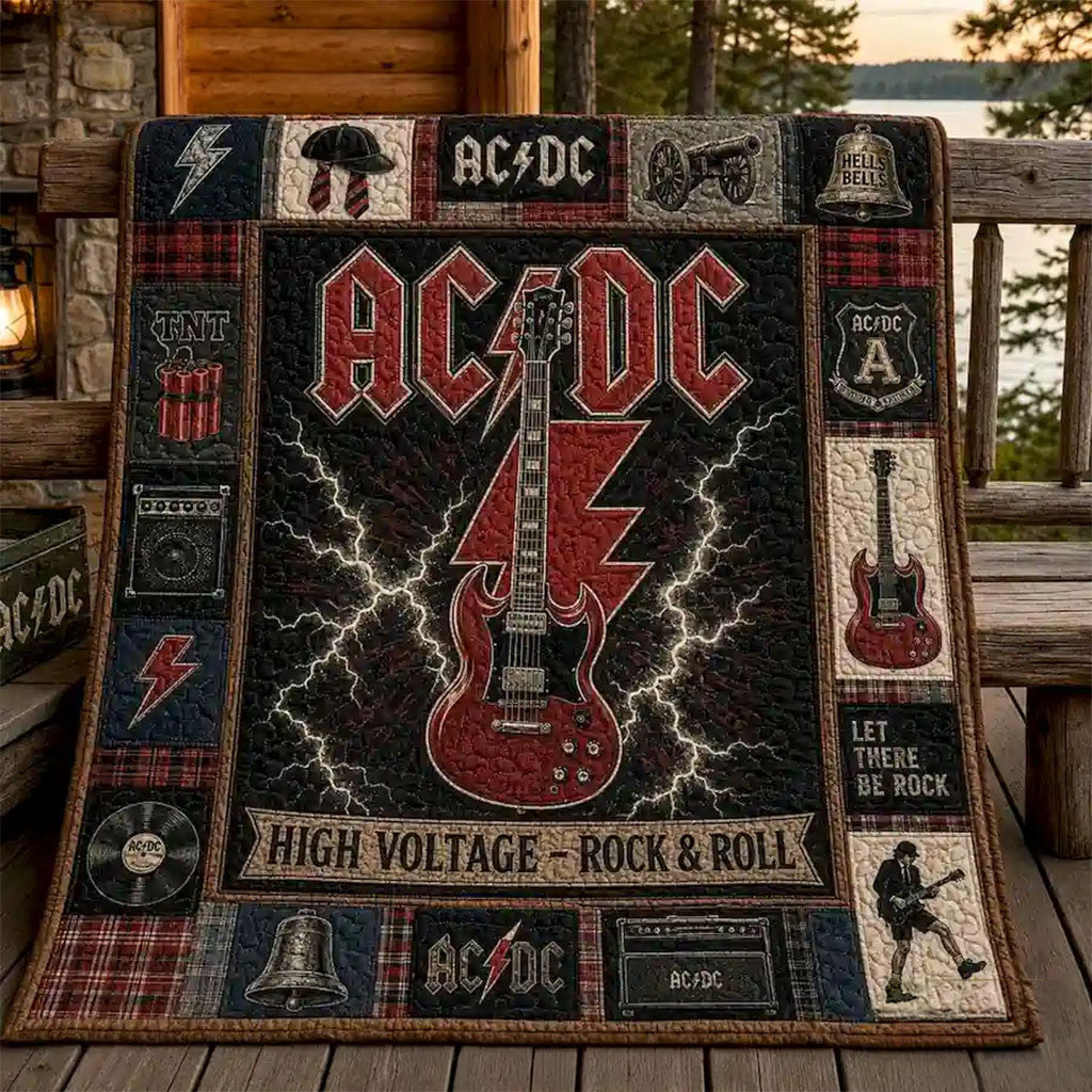AC DC High Voltage Rock N Roll Quilt Blanket AC DC Merch Gift Ideas For Rock Lovers - Merchluma