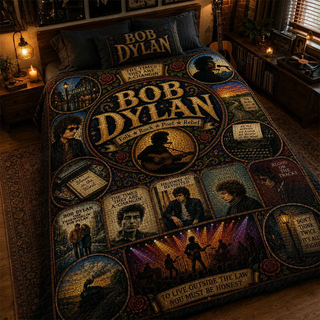 Bob Dylan Blowin' In The Wind Stained Glass Quilt Blanket Bob Dylan Merch Bed Decor Ideas - Merchluma