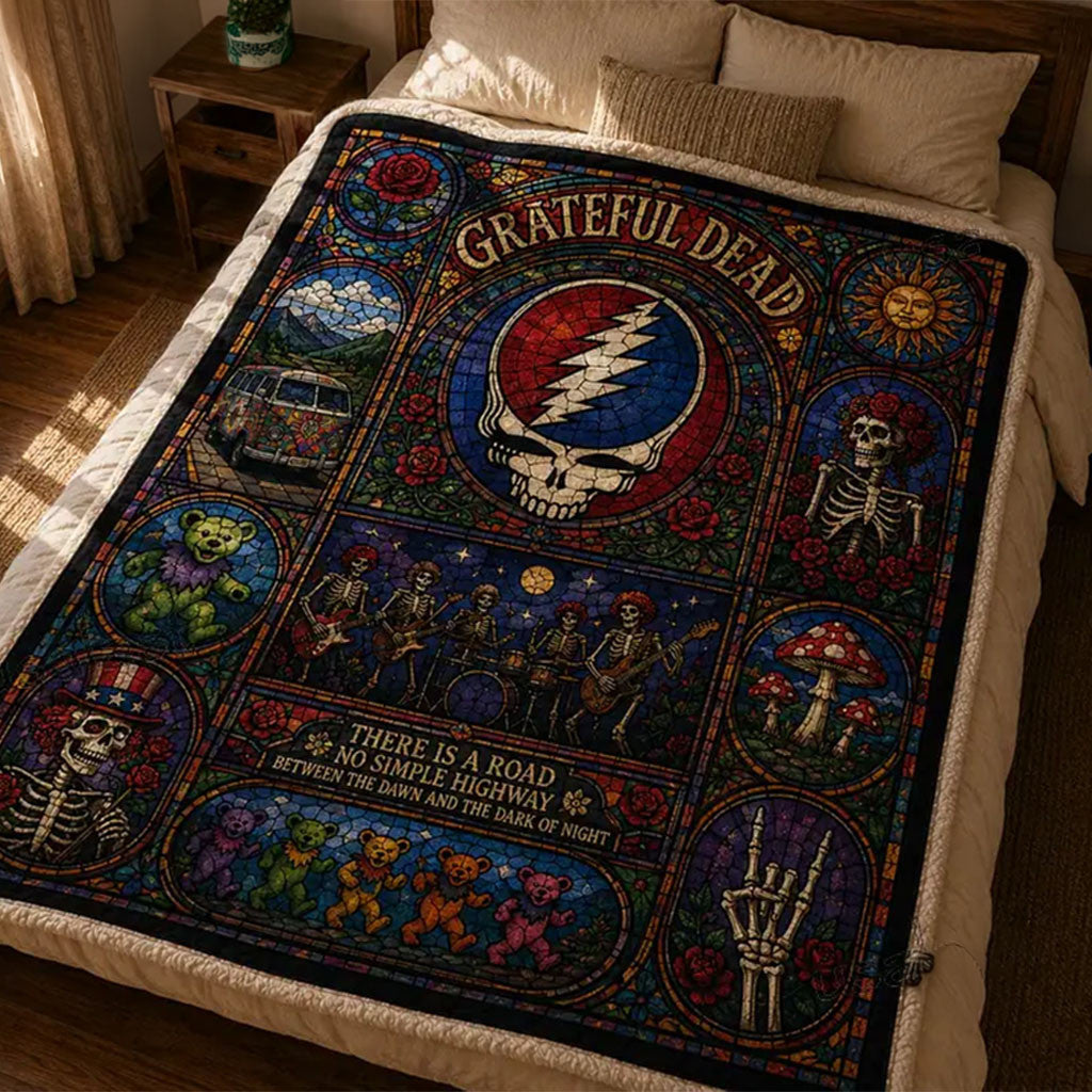 Grateful Dead Steal Your Face Stained Glass Quilt Blanket Grateful Dead Merch Bed Decor Ideas - Merchluma