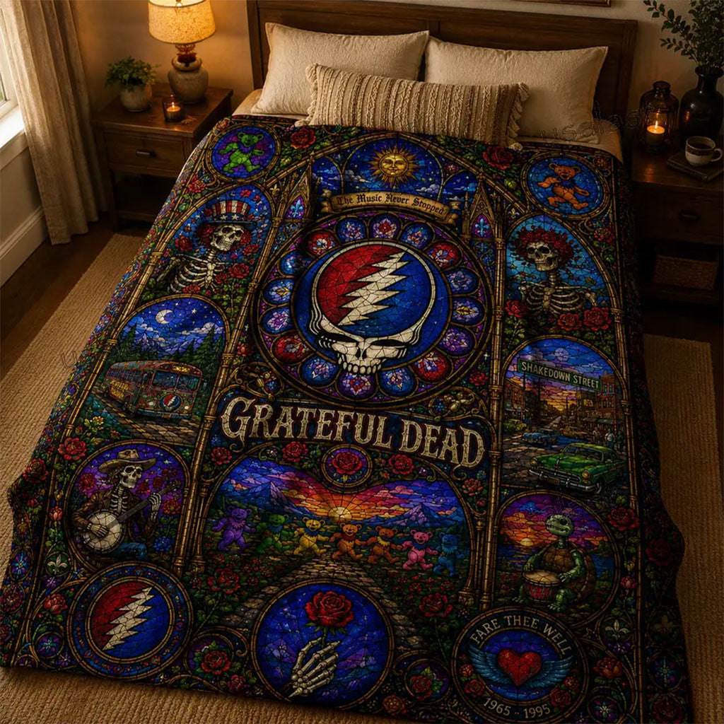 Grateful Dead The Music Never Stopped Stained Glass Quilt Blanket Grateful Dead Merch Decor - Merchluma