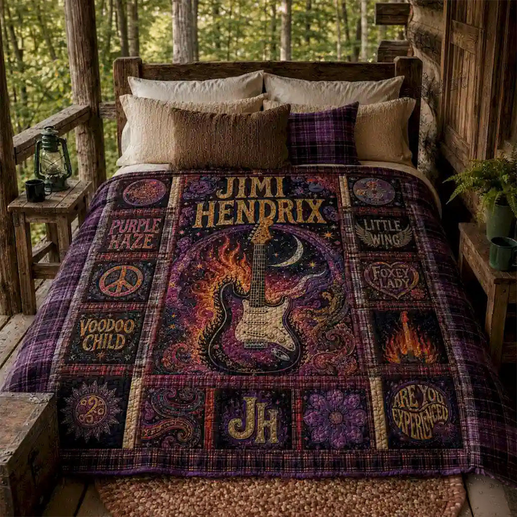 Jimi Hendrix Guitar Purple Haze Vintage Quilt Blanket Jimi Hendrix Merch Gift For Music Lovers - Merchluma