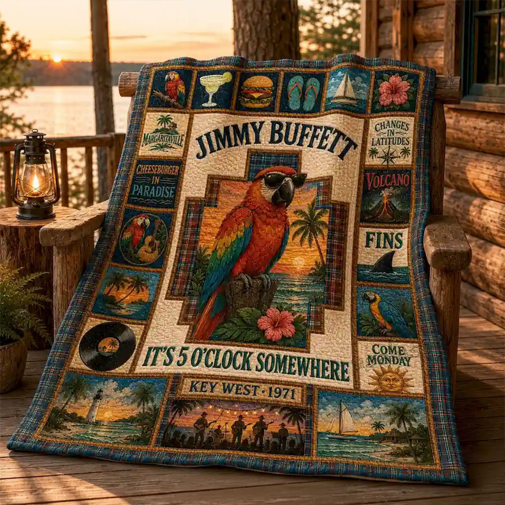 Jimmy Buffett Parrot Margaritaville Quilt Blanket It's 5 O'Clock Somewhere Jimmy Buffett Merch - Merchluma