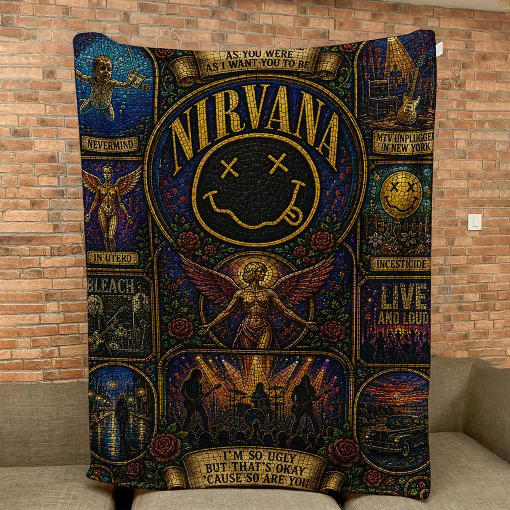 Nirvana Band Smiley Logo Stained Glass Quilt Blanket Nirvana Merch Home Decor Items - Merchluma