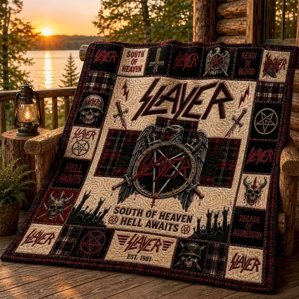 Slayer South Of Heaven Hell Awaits Quilt Blanket Slayer Band Merch Gift For Band Fans - Merchluma