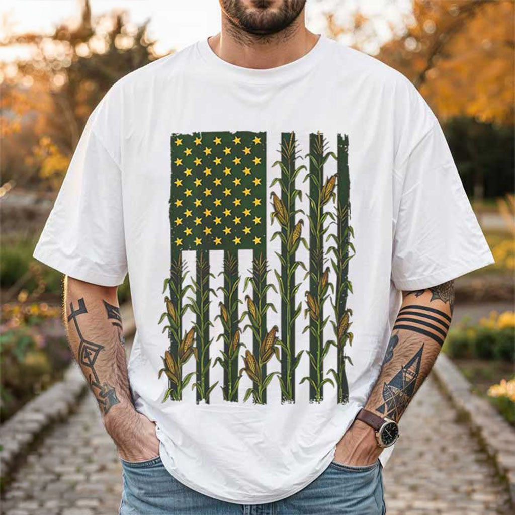 American Flag Corn Field Farmer Patriotic Rural Pride T-Shirt Farm Owner Gift Ideas - Merchluma