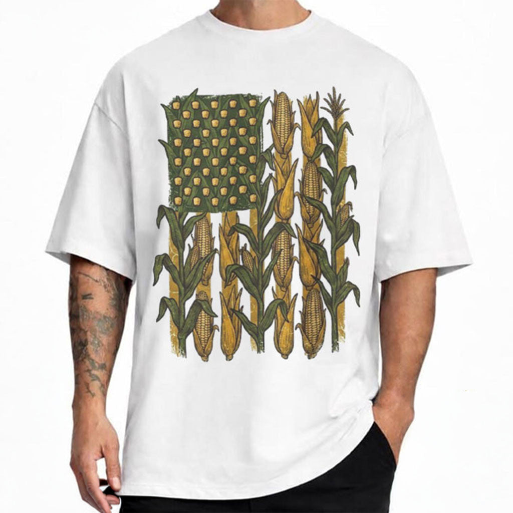 American Flag Corn Field T-Shirt Patriotic Apparel Farmer Gifts For Dad - Merchluma