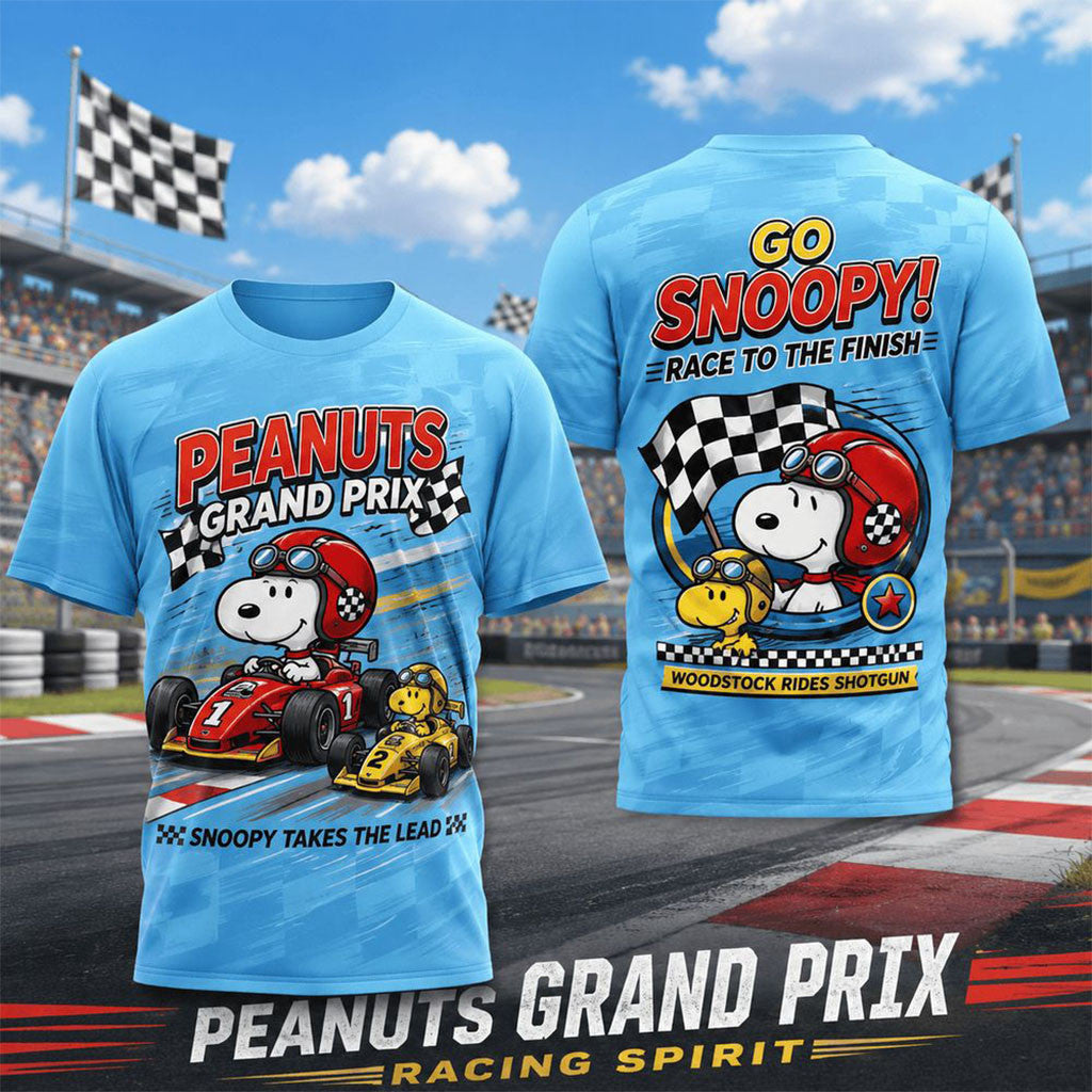 Snoopy And Woodstock Grand Prix Racing Spirit 2026 T-Shirt Peanuts Merch Gift For Brothers - Merchluma
