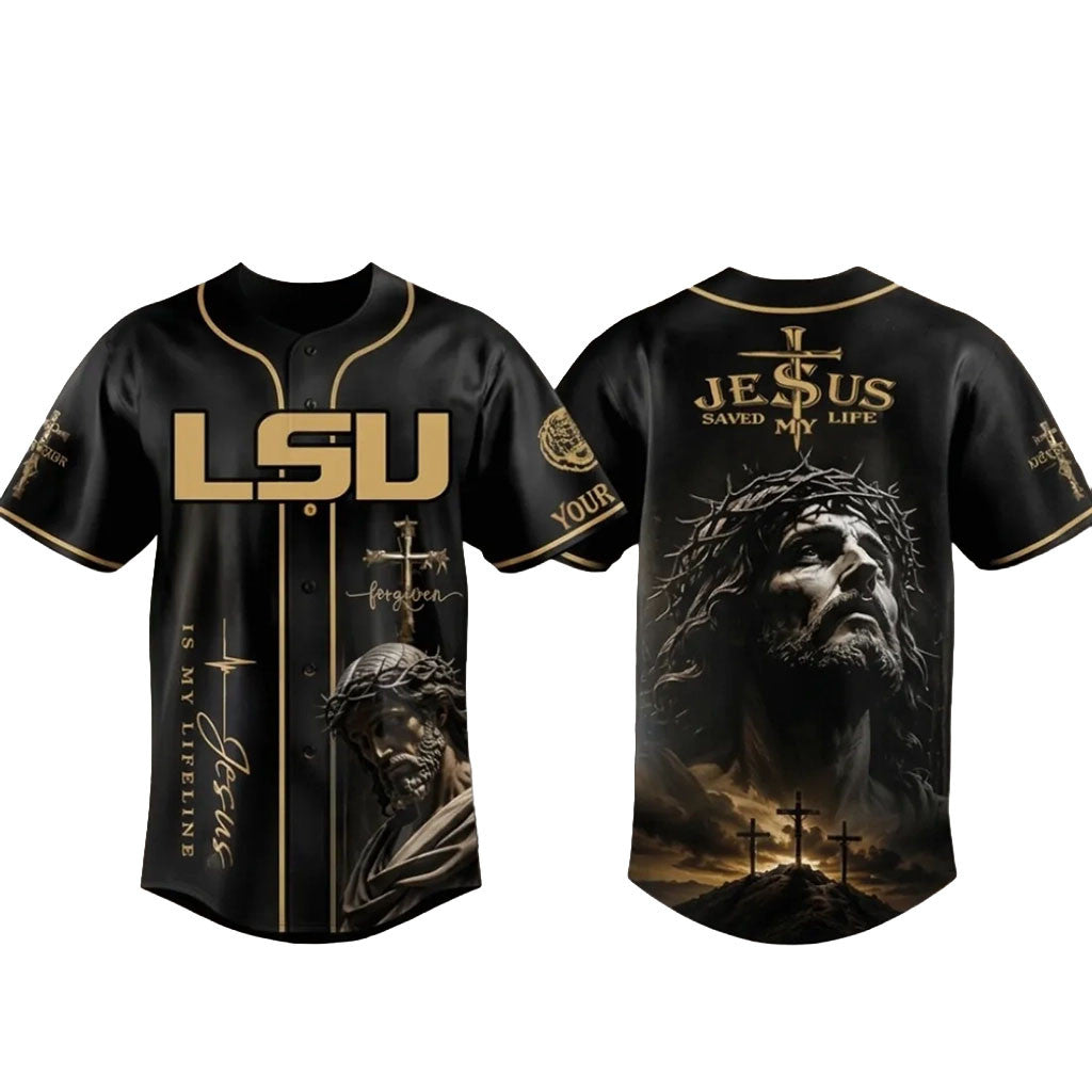 LSU Tigers Jesus Saved My Life Baseball Jersey Christian Apparel LSU Tigers Merch Fan Gifts - Merchluma