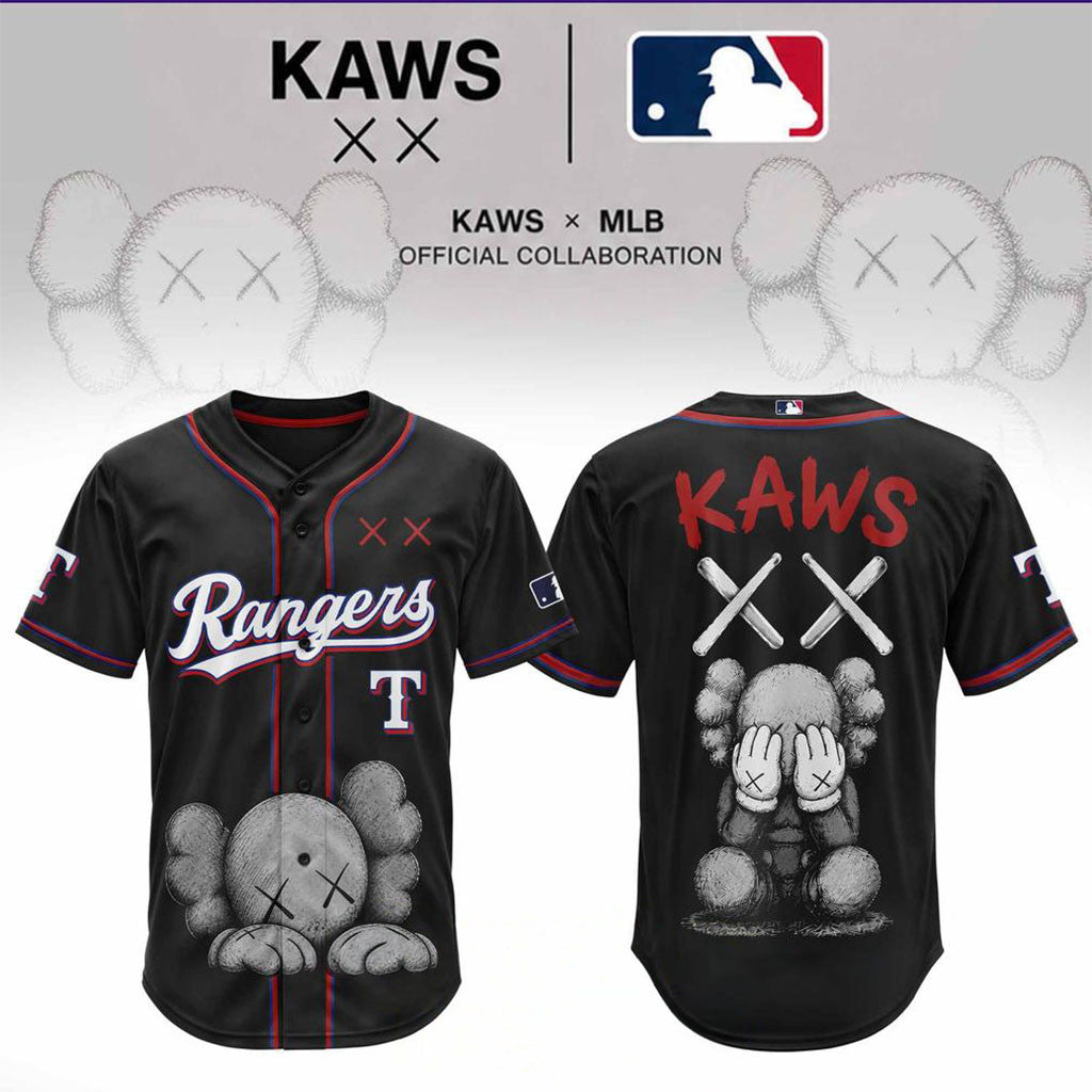 Texas Rangers X KAWS Blackout Baseball Jersey Texas Rangers Merch Gift For Baseball Lovers - Merchluma