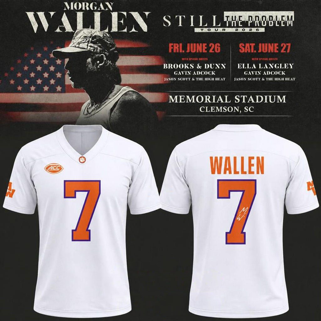 Morgan Wallen X Clemson Tigers Merch 2026 Still The Problem Tour White Football Jersey Fan Gear - Merchluma