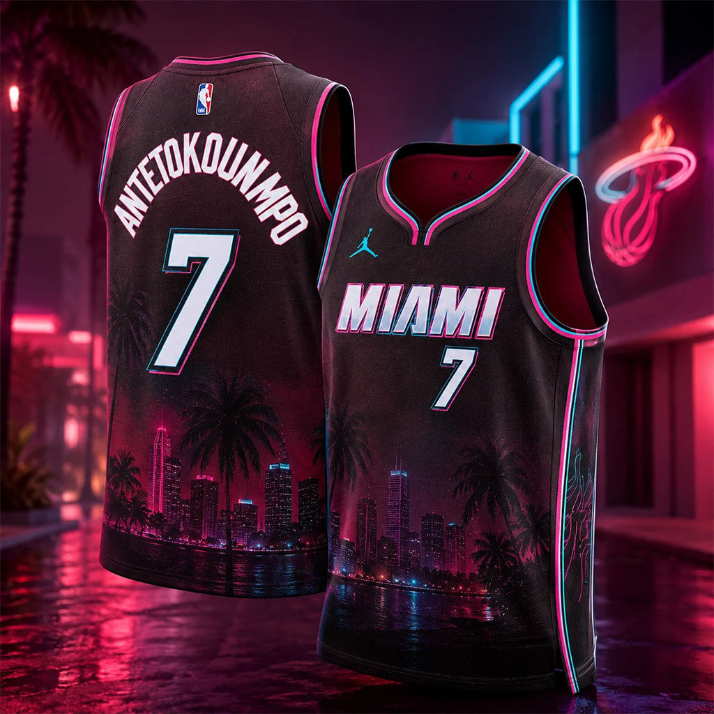 Miami Heat Giannis Antetokounmpo Number 7 Miami Skyline Synthwave Basketball Jersey Fan Merch - Merchluma