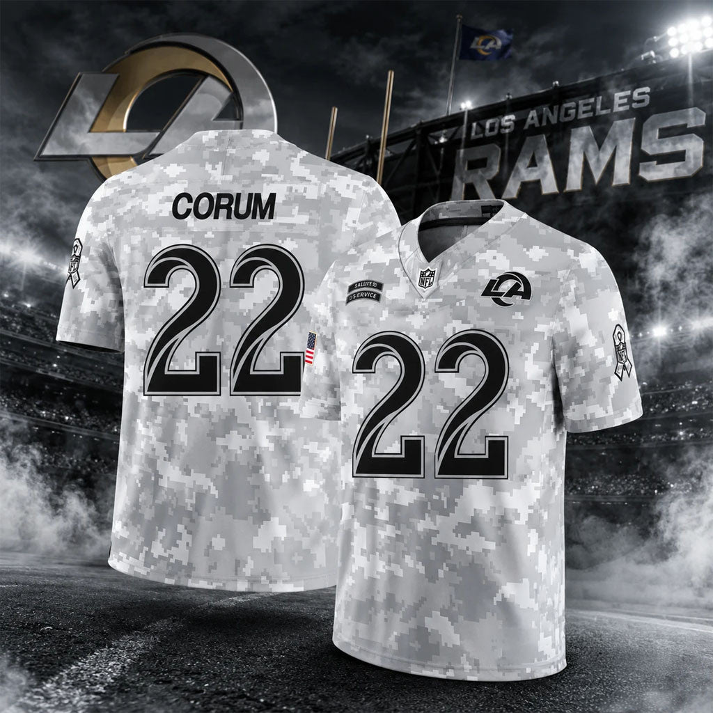 Los Angeles Rams Salute To Service Camo Jersey #22 Corum Jersey Rams Merch Gift For Veteran - Merchluma