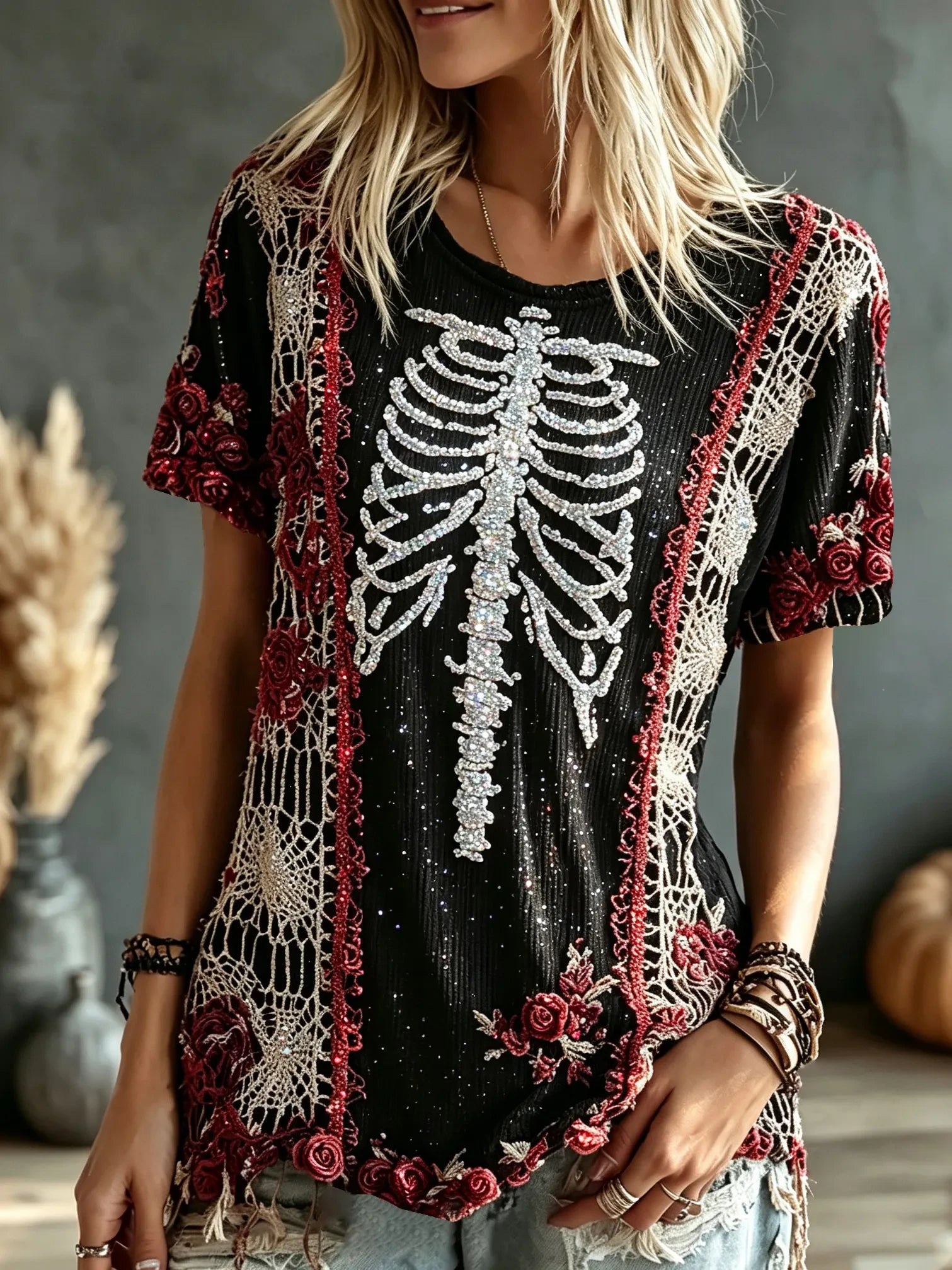 Halloween Bone And Floral Art T-Shirt Graphic Halloween Shirts Gift Ideas For Mom - Merchluma