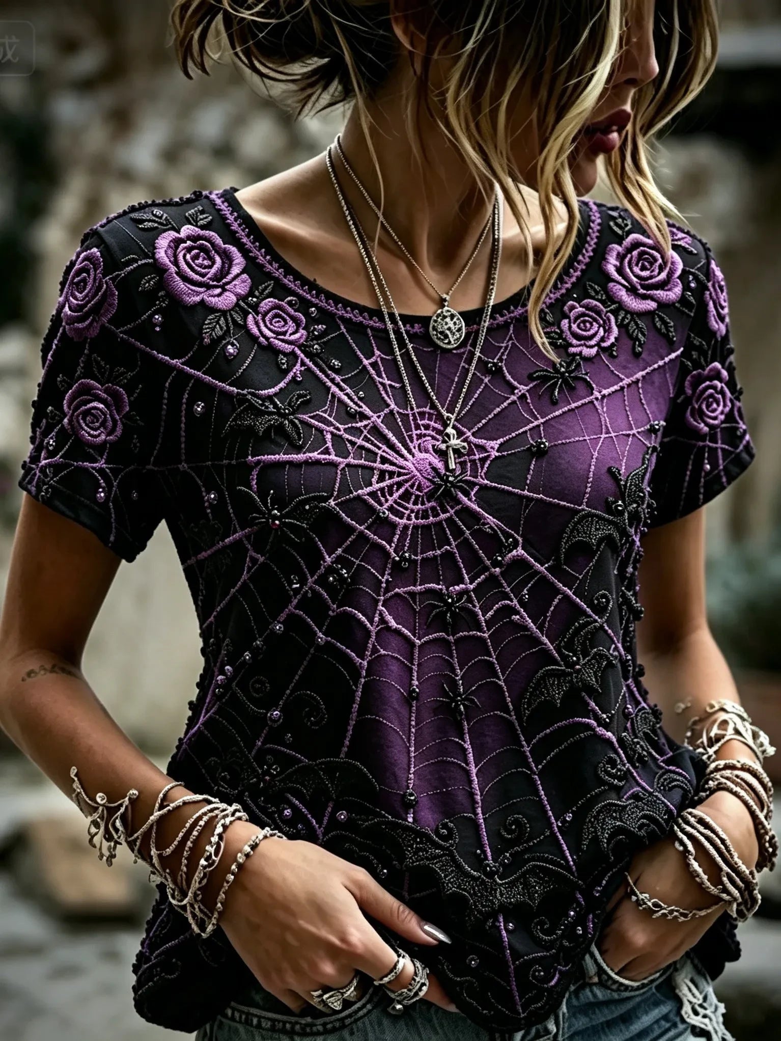 Halloween Spiderweb Rose And Bat Shirt Target Halloween T-Shirts Present For Sister - Merchluma