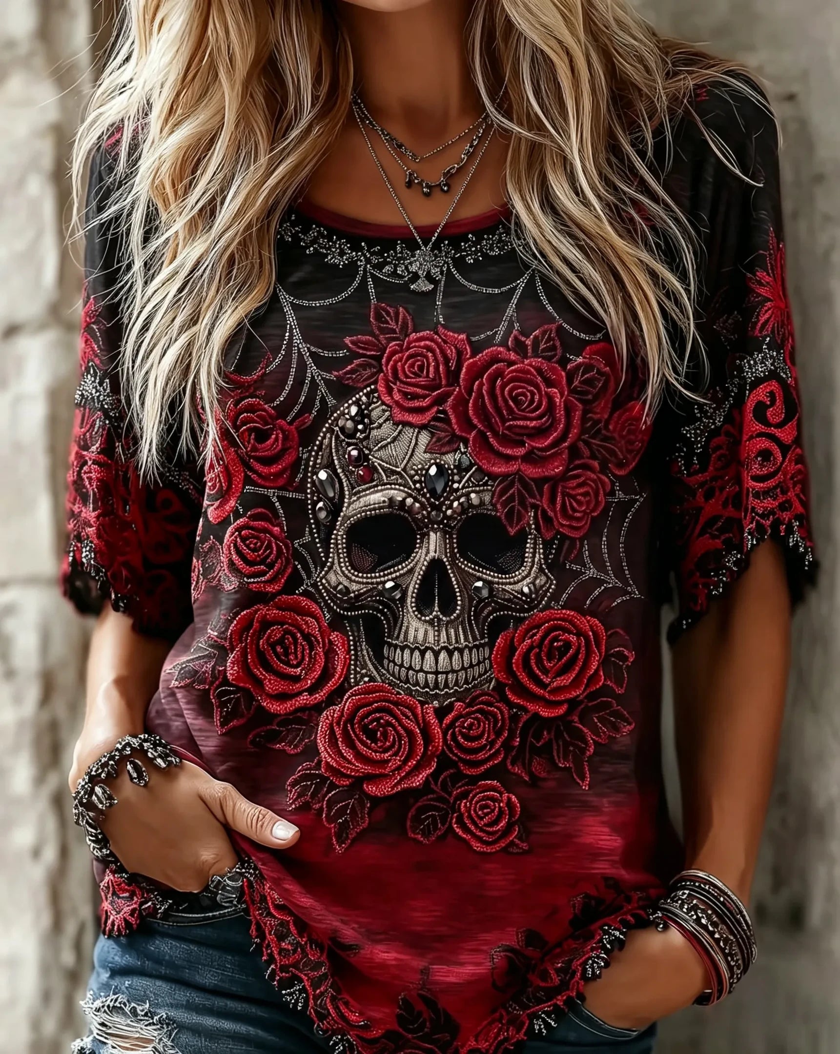 Gothic Skull Spider Rose Art Crop Sleeve Shirt Scary Halloween Outfits Gifts For Horror Lovers - Merchluma