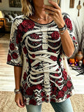 Halloween Bloody Human Skeleton With Floral Art Crop Sleeve T-Shirt Halloween Tees Womens - Merchluma