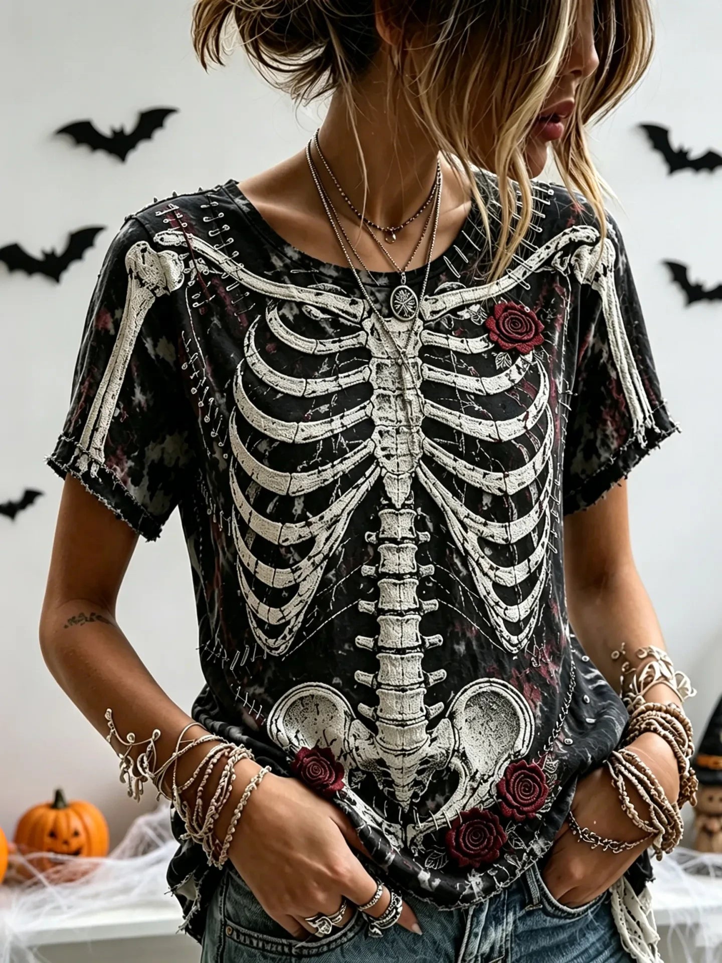 Halloween Floral Skeleton Art Shirt Halloween T-Shirts Womens Gifts For Mom - Merchluma