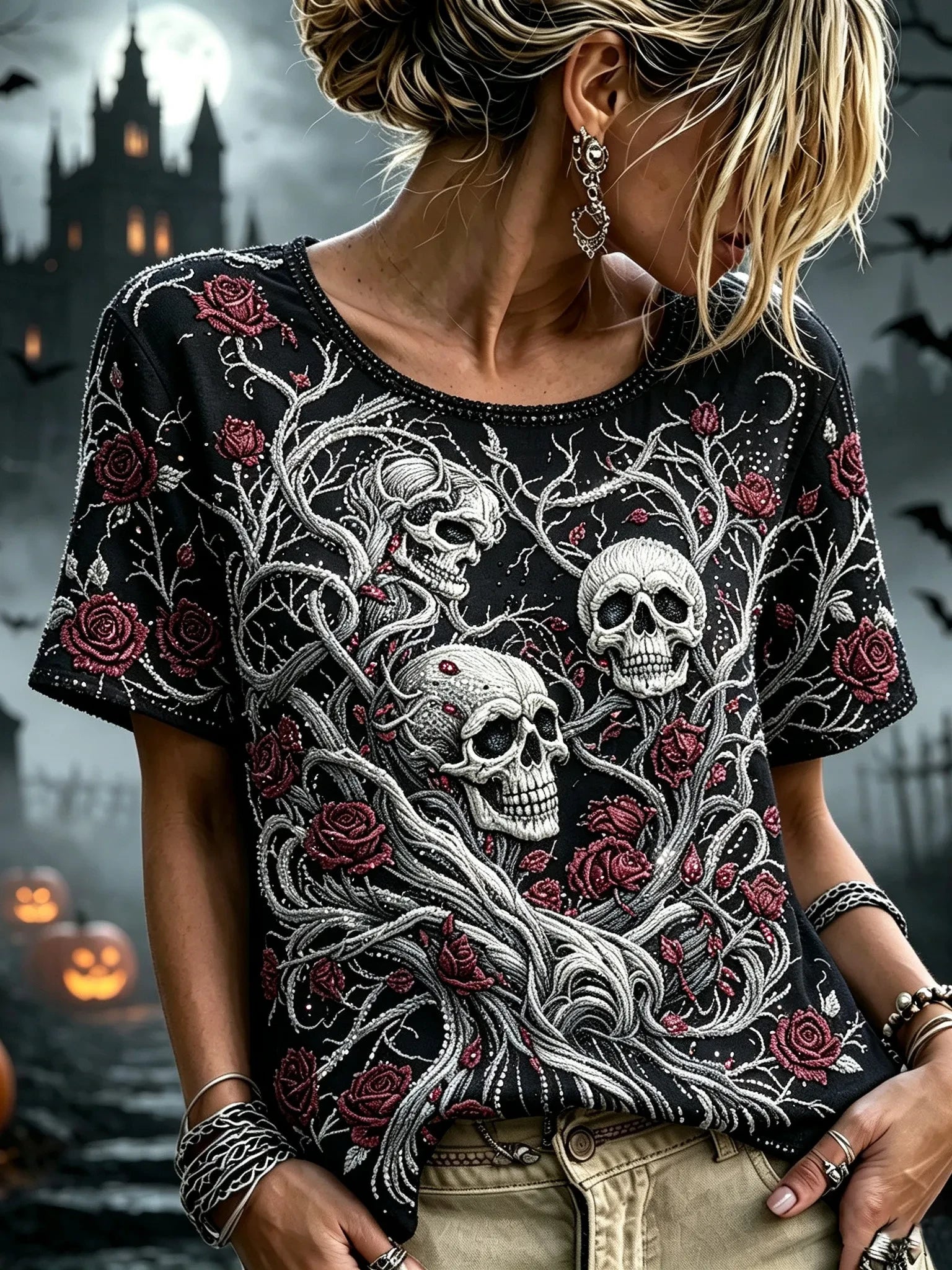 Halloween Skull Floral Art Shirt Halloween Graphic Tees Gifts For Wife - Merchluma