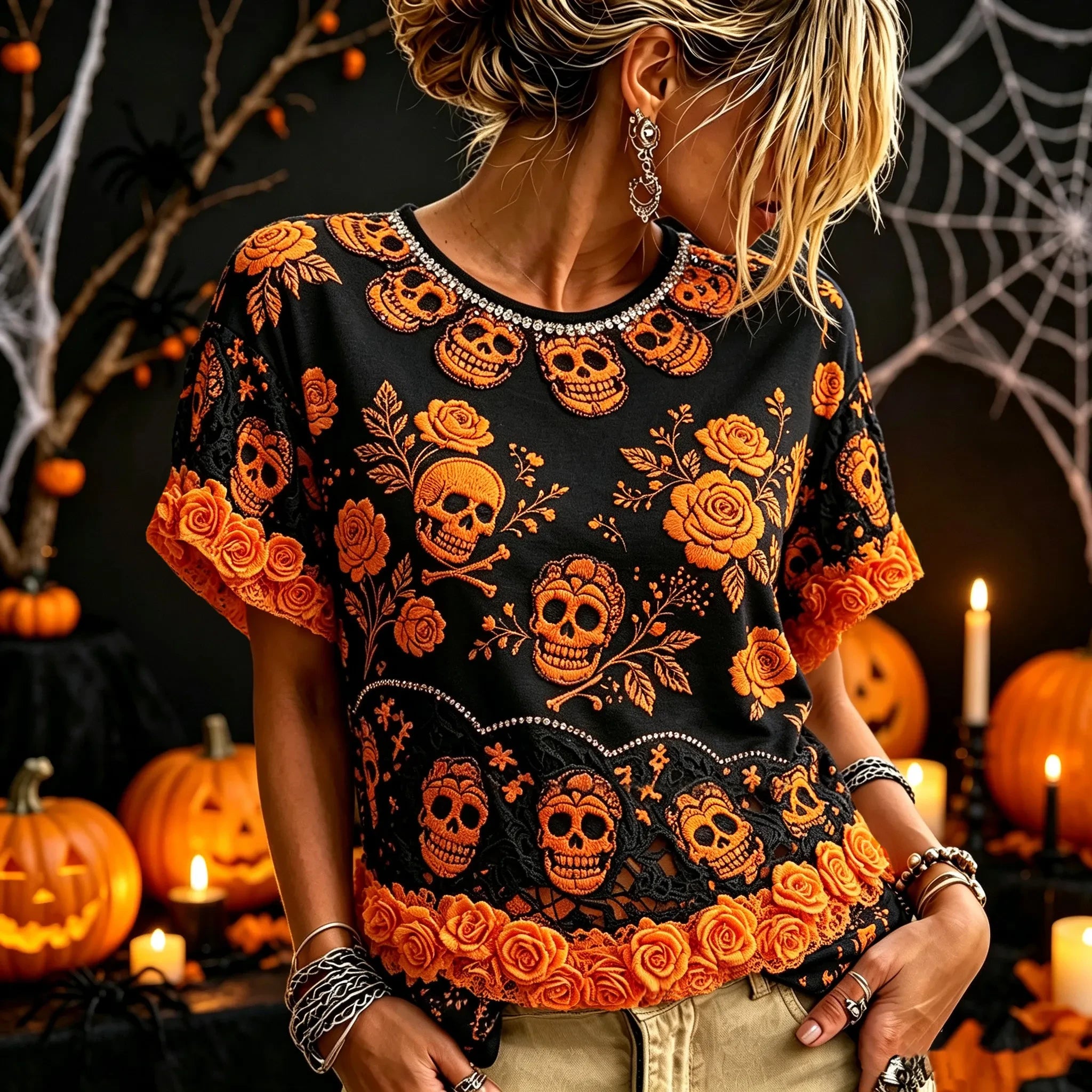 Halloween Skull Floral Art T-Shirt Cool Halloween Clothes Gifts For Wife - Merchluma