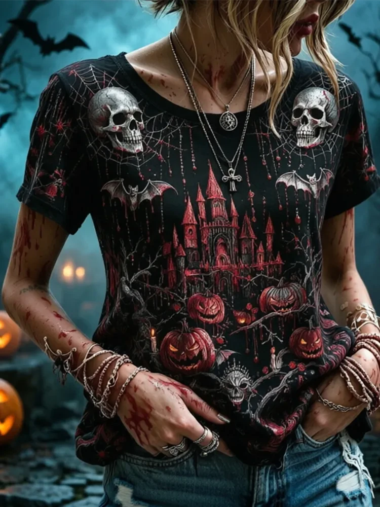 Halloween Spooky Skull Haunted Castle And Pumpkin Art T-Shirt Halloween Tees Women - Merchluma